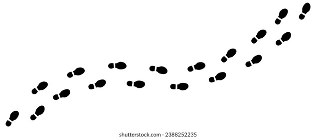 Human step footprints paths. Trace of foot prints of person in boots. Track from shoe sole prints. Road of human feet. Footstep trekking. Silhouette. Step by step. Black Vector isolated on white