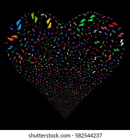 Human Steps fireworks with heart shape. Vector illustration style is flat bright multicolored iconic symbols on a black background. Object valentine heart created from scattered design elements.