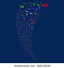 Human Steps random fireworks stream. Vector illustration style is flat bright multicolored iconic symbols on a blue background. Object fountain constructed from scattered pictographs.