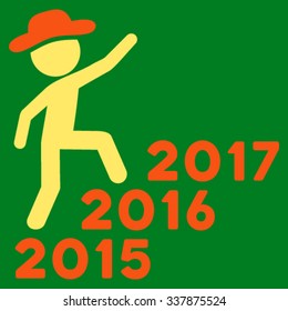 Human Steps Years vector icon. Style is bicolor flat symbol, orange and yellow colors, rounded angles, green background.