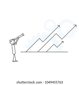 Human stick figure with a telescope looking up towards rising arrows