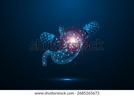 Human stomach abstract 3D with open capsule, pill and drug, organ anatomy with low poly wireframe geometric design. Concept gastric care and futuristic technology. Vector illustration.