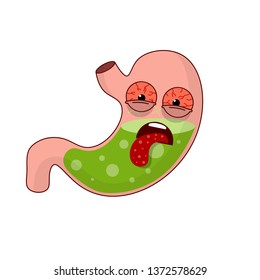 Human stomach. Angry sad face with eye and mouth. Problems with health and digestion. X-ray Internal organ. Green acid. Medical care. Nausea, queasiness, vomiting. Cartoon flat illustration