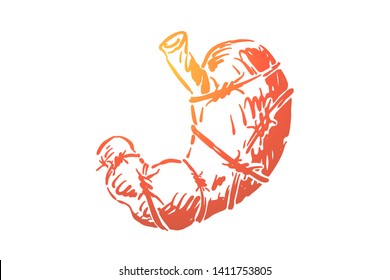 Human stomach in barbed wire, digestive system organ wrapped by thorny cable. Gastrointestinal disease, cancer, ulcer, hunger, diet, limited nutrition concept sketch. Hand drawn vector illustration