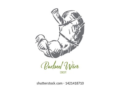 Human stomach in barbed wire, digestive system organ wrapped by thorny cable. Gastrointestinal disease, cancer, ulcer, hunger, diet, limited nutrition concept sketch. Hand drawn vector illustration