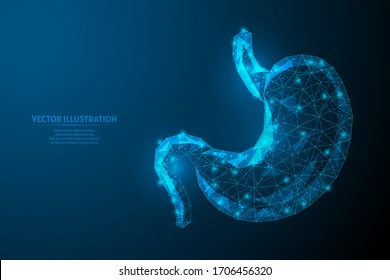 Human Stomach Close Up. Organ Anatomy. Digestive System. Ulcer, Cancer, Gastritis, Dysbiosis. Innovative Medicine And Technology. 3d Low Poly Wireframe Isolated Vector Illustration.