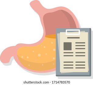 Estomago humano. Problemas digestivos. Dibujo plano de caricatura. Atención médica. Documento de archivo de papel. Órgano interno del cuerpo. Burbujas en ácido amarillo. Rayo X del vientre