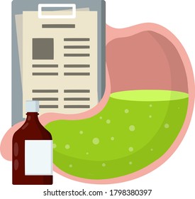 Estomago humano. Problemas digestivos. Dibujo plano de caricatura. Atención médica. Documento de archivo de papel. Órgano interno del cuerpo. Burbujas en ácido verde.