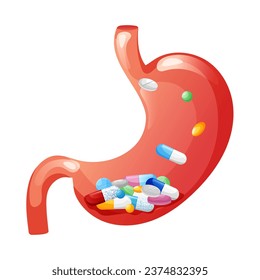 Human stomach with drug capsules, tablets and pills. Vector illustration isolated on white background. Cartoon style
