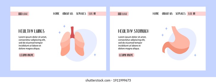 Human stomach. Gastroenterology. Human lungs, respiratory tract. Pulmonology. 
Diagnostics of diseases. Vector flat illustration. Perfect for banner design, landing page