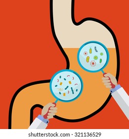 Human Stomach With Hands Holding Magnifying Glass Showing Viruses And Bacteria Vector Concept