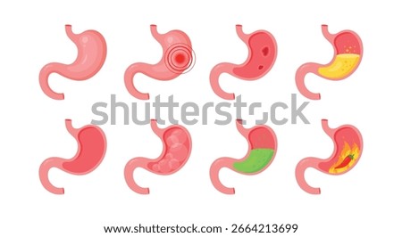 Human stomach. Healthy and unhealthy, empty and full human stomach. Bloating stomach ache, digestive tract pain fullness heaviness stomaches acid heartburn process indigestion