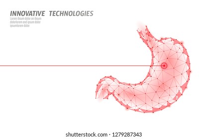 Human stomach laser surgery operation low poly. Medicine disease drug treatment painful area. Red triangles polygonal 3D render shape. Pharmacy business poster template vector illustration