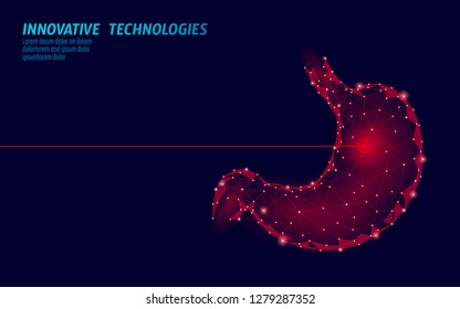 Human stomach laser surgery operation low poly. Medicine disease drug treatment painful area. Red triangles polygonal 3D render shape. Pharmacy business poster template vector illustration