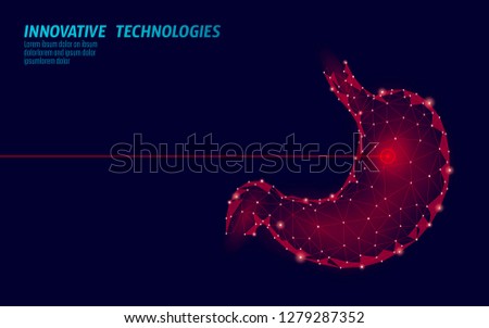 Human stomach laser surgery operation low poly. Medicine disease drug treatment painful area. Red triangles polygonal 3D render shape. Pharmacy business poster template vector illustration