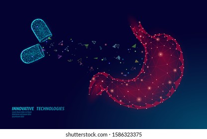 Human stomach medical treatment concept. Pill capsule help therapy. Digestive system cancer abdomen pain analysis prevention medicine poster template. 3D vector illustration