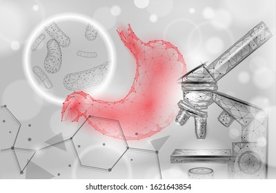 Human stomach microscope 3D low poly render probiotics. Healthy normal digestion flora of human intestine yoghurt production. Modern science medicine allergy immunity thearment vector illustration