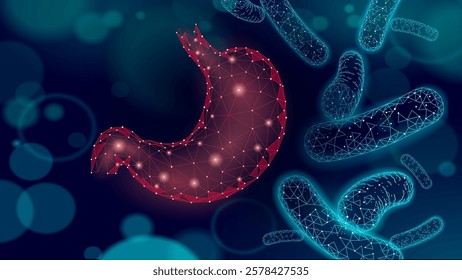 Human stomach microscopic 3D low poly render probiotics. Healthy normal digestion flora of human intestine. Modern science medicine allergy immunity treatment illustration