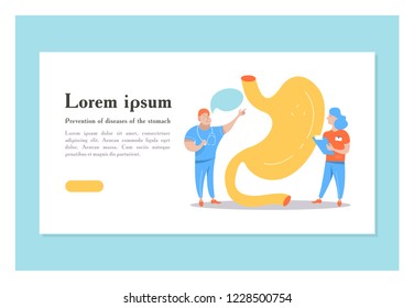 Menschlicher Magen. Miniaturärzte studieren und behandeln einen großen Magen. Konzept der Vektorillustration der medizinischen gastroenterologischen Versorgung.