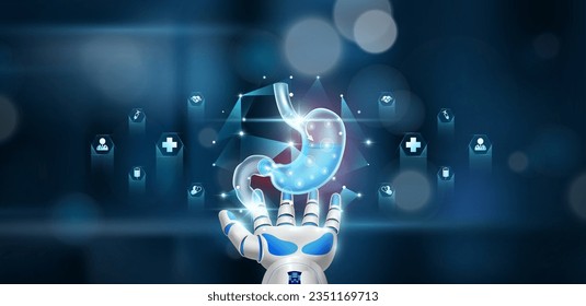 Human stomach organ inside cube float in doctor robot hand on hospital background. Health care system innovative technology medical futuristic AI artificial intelligence cybernetic robotics. Vector.