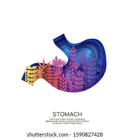 Human Stomach in paper cut style. Purple origami layered organ with colorful leaves on white background.