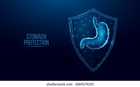 Human stomach protection. Wireframe low poly style. Concept for medical, pharmacology treatment of the digestive system.  Abstract modern 3d vector illustration on dark blue background.