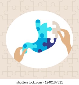 Human stomach puzzle pieces concept, assembled with hands, vector illustration