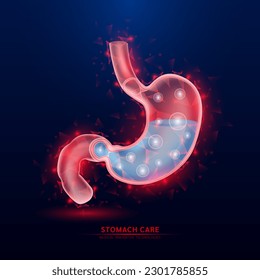 Human stomach red translucent low poly triangles. Futuristic glowing organ anatomy on dark blue background. Vector EPS10. Stomach health care innovative technology.  Medical and science concept.