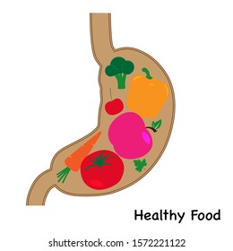 Human stomach in a section. The stomach is filled with healthy foods. Apply for diet recommendations 