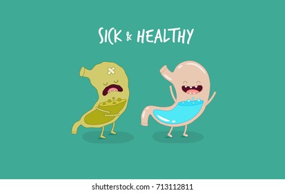 Human stomach, sick and healthy stomach. Vector illustrations. Human organ. Use for card, poster, banner, web design and print on t-shirt. Easy to edit.
