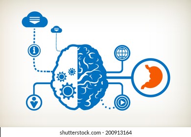 Human stomach symbol and abstract human brain, the concept of the information movement