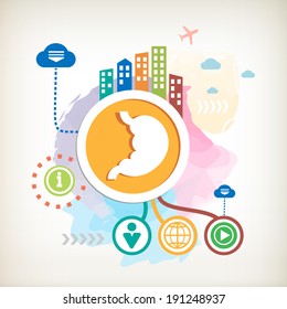 Human stomach symbol and city on abstract colorful watercolor background with different icon and elements. Design for the print, advertising.