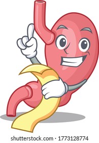Diseño de personajes de mascota de estómagos humanos con un menú en la mano