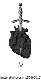 The human stone heart is pierced with a dagger. Hand drawn vector illustration. Tattoo print.