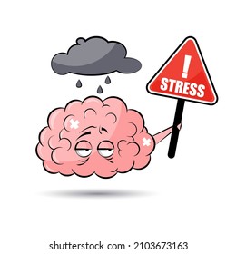 Human stress response system. Cartoon vector illustration brain character with holding placard with stress text and frustrated facial emotion.