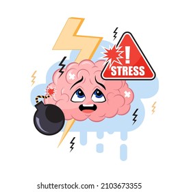 Sistema de respuesta al estrés humano. Ilustración vectorial de dibujos animados carácter cerebral con tornillos relámpago, bomba explosiva y emoción facial frustrada.