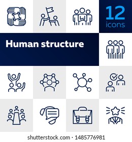 Human structure. Set of line icons on white background. Atom, union, idea. Social concept. Vector illustration can be used for topics like science, business, career