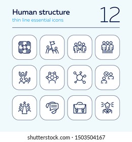 Human structure. Set of line icons on white background. Atom, union, idea. Social concept. Vector illustration can be used for topics like science, business, career