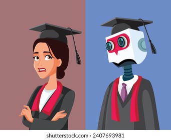 
Human Student Versus Robot Intelligence Vector Concept Illustration. Insecure girl graduating in a scary job market looking for a job
