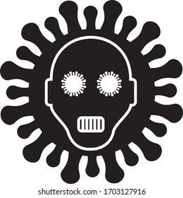 Menschlicher stylisierter Schädel auf schwarzem Hintergrund. Augen in Form von Coronavirus-Molekülen. Grafiken der Vektorillustration.