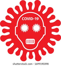 Human stylized skull on a red molecule of coronavirus 2019-ncov  background. The inscription covid-19. Eyes in the form of coronavirus molecules. Vector graphics.