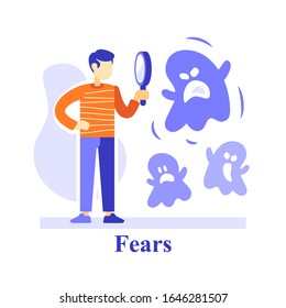 Human subconscious fears, man and magnifying glass, understand feelings, phobia concept, negative thinking, psychological problems, mental health, behavior trigger, self reflection