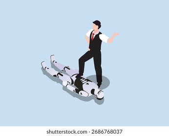 A superioridade humana sobre a IA e a tecnologia com um homem de negócios posicionado vitoriosamente sobre uma ilustração vetorial isométrica 3D derrotada do robô