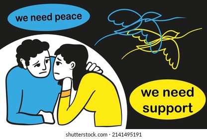human support in difficult times, Ukraine, phrases we need peace and support, symbols of peace, birds, one line. Set for websites, advertisements, calls for peace, support for refugees.