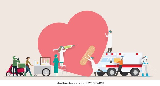 Human Support, Goodwill Mission In Suffering From Coronavirus. Doctors Heal The Heart, Food Seller Bring Food For Help, Worker Carrying Boxes, Man In PPE Suit Cleaning The Floor.