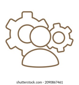 Símbolo humano con los engranajes detrás de la espalda. Identificación de especialista de personalización para web. Icono de vector de contorno marrón simple con líneas finas
