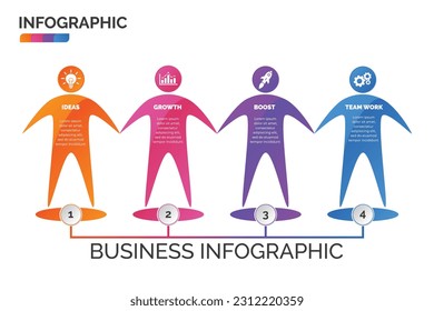 Human-Symbol-Infografik-Design-Vektor mit 4 Optionen, Schritte, Prozess für die Präsentation, Layout, Diagramm Diagramm, Jahresbericht. Kreatives Geschäftskonzept