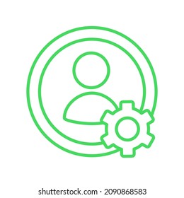 Menschliches Symbol in einem Kreis mit einem Gang. Profileinstellungen-Konzept für Web. Einfaches grünes Umriss-Vektorsymbol mit dünnen Linien
