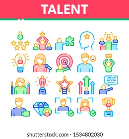 Human Talent Collection Elements Icons Set Vector Thin Line. Idea And Target, Diamond And Star, Signer, Speaker And Actor Talent Concept Linear Pictograms. Color Contour Illustrations