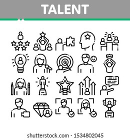 Human Talent Collection Elements Icons Set Vector Thin Line. Idea And Target, Diamond And Star, Signer, Speaker And Actor Talent Concept Linear Pictograms. Monochrome Contour Illustrations